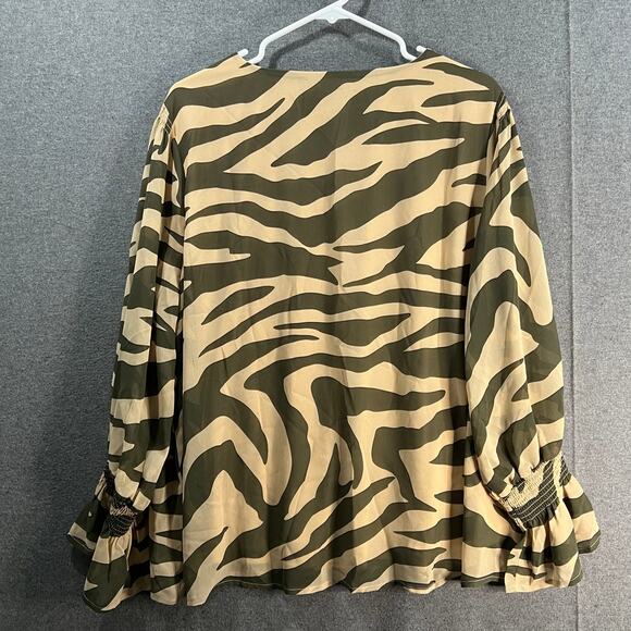 Studio Park x Leah Williams Printed Chiffon Blouse with Ruff Khaki Zebra Large - Picture 2 of 9